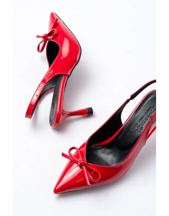 İNF-4500 Kırmızı Rugan Günlük Arkası Açık Fiyonklu Topuklu Bayan Ayakkabı