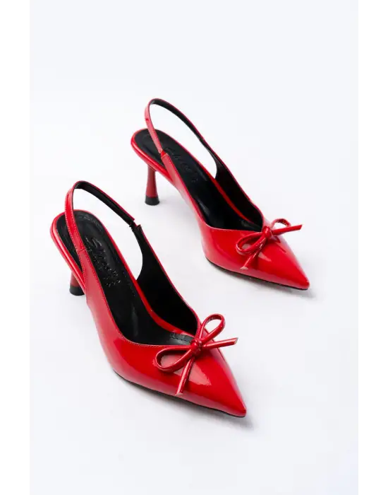 İNF-4500 Kırmızı Rugan Günlük Arkası Açık Fiyonklu Topuklu Bayan Ayakkabı