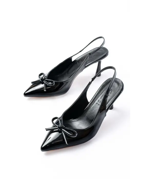 İNF-4500 Siyah Rugan Günlük Arkası Açık Fiyonklu Topuklu Bayan Ayakkabı