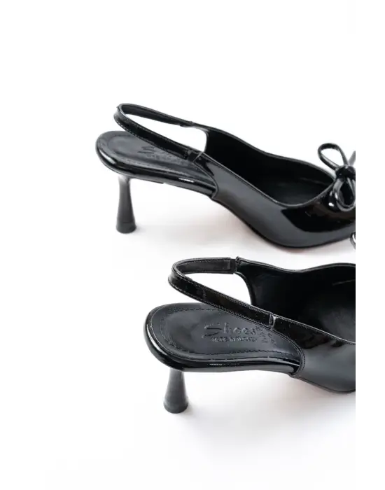 İNF-4500 Siyah Rugan Günlük Arkası Açık Fiyonklu Topuklu Bayan Ayakkabı