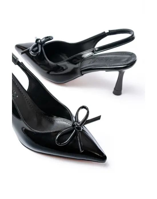 İNF-4500 Siyah Rugan Günlük Arkası Açık Fiyonklu Topuklu Bayan Ayakkabı