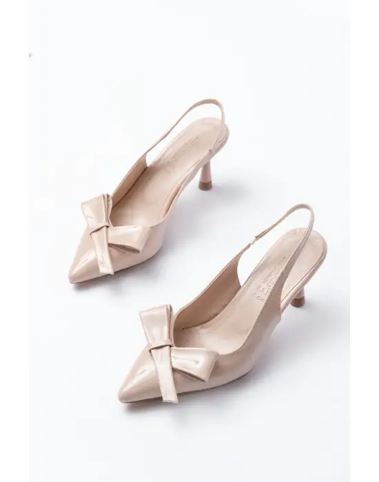 İNF-4501 Bej Rugan Günlük Arkası Açık Fiyonklu Topuklu Bayan Ayakkabı