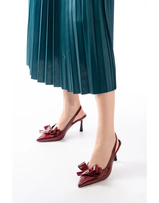 İNF-4501 Bordo Rugan Günlük Arkası Açık Fiyonklu Topuklu Bayan Ayakkabı