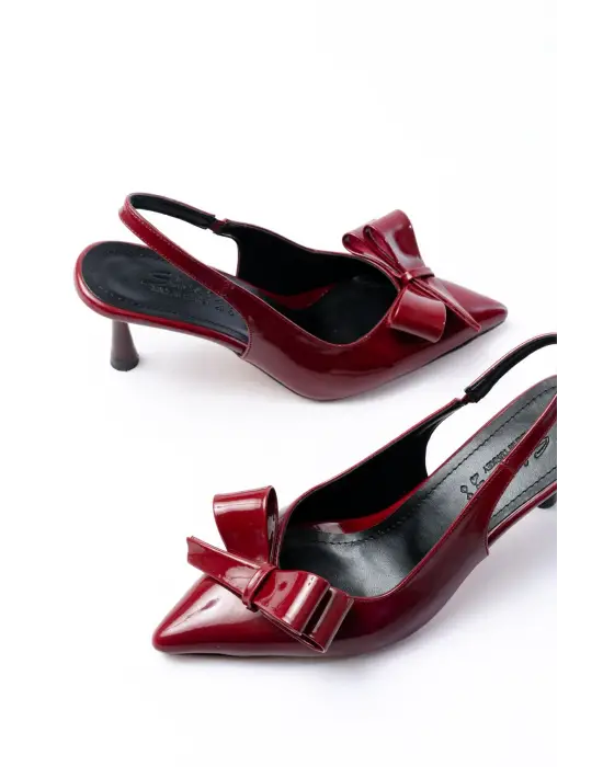 İNF-4501 Bordo Rugan Günlük Arkası Açık Fiyonklu Topuklu Bayan Ayakkabı