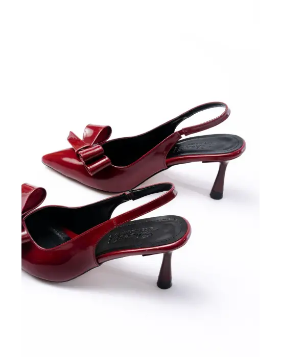 İNF-4501 Bordo Rugan Günlük Arkası Açık Fiyonklu Topuklu Bayan Ayakkabı