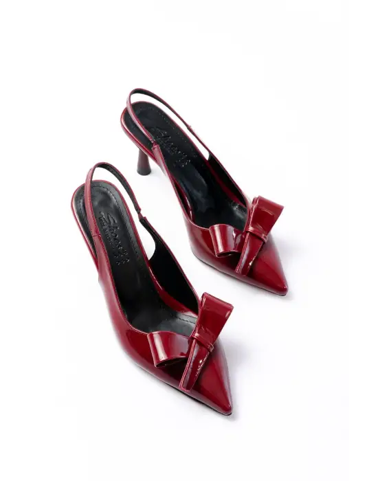 İNF-4501 Bordo Rugan Günlük Arkası Açık Fiyonklu Topuklu Bayan Ayakkabı