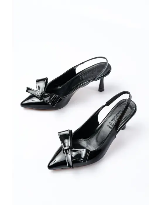 İNF-4501 Siyah Rugan Günlük Arkası Açık Fiyonklu Topuklu Bayan Ayakkabı