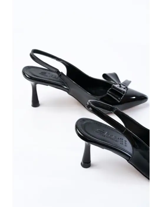 İNF-4501 Siyah Rugan Günlük Arkası Açık Fiyonklu Topuklu Bayan Ayakkabı