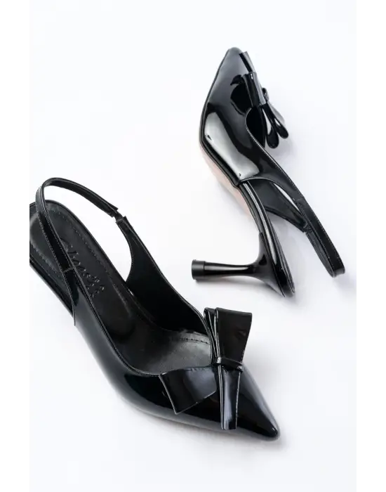 İNF-4501 Siyah Rugan Günlük Arkası Açık Fiyonklu Topuklu Bayan Ayakkabı