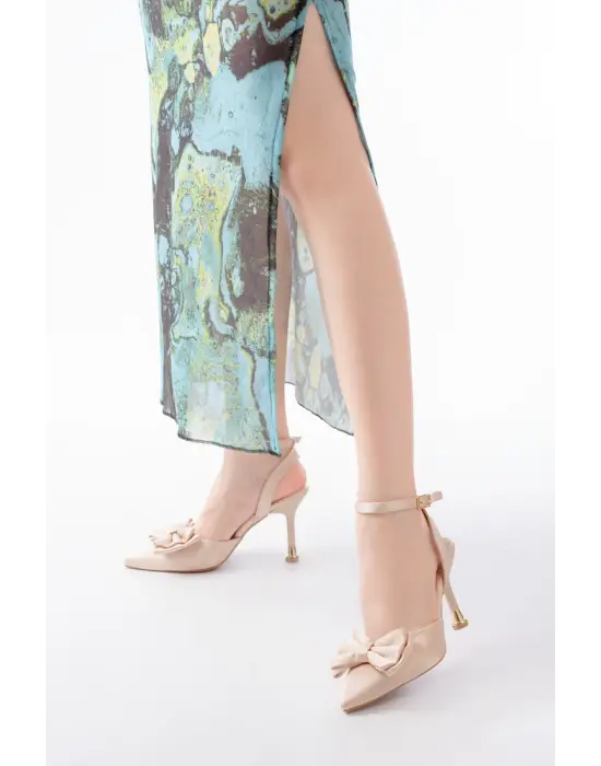 İNF-4505 Bej Saten Günlük Arkası Açık Kurdele detaylı Topuklu Bayan Ayakkabı