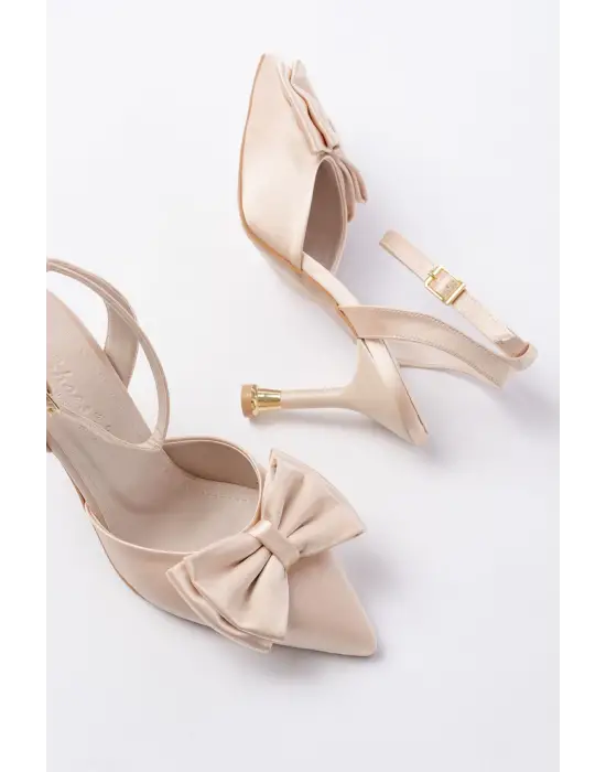 İNF-4505 Bej Saten Günlük Arkası Açık Kurdele detaylı Topuklu Bayan Ayakkabı