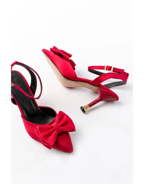 İNF-4505 Bordo Saten Günlük Arkası Açık Kurdele detaylı Topuklu Bayan Ayakkabı