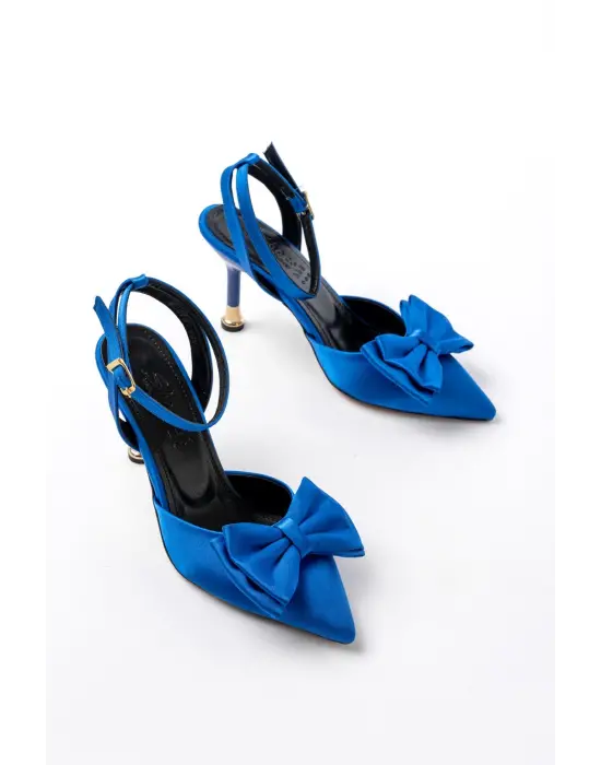 İNF-4505 Mavi Saten Günlük Arkası Açık Kurdele detaylı Topuklu Bayan Ayakkabı
