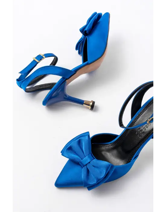 İNF-4505 Mavi Saten Günlük Arkası Açık Kurdele detaylı Topuklu Bayan Ayakkabı
