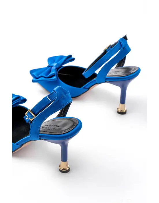 İNF-4505 Mavi Saten Günlük Arkası Açık Kurdele detaylı Topuklu Bayan Ayakkabı