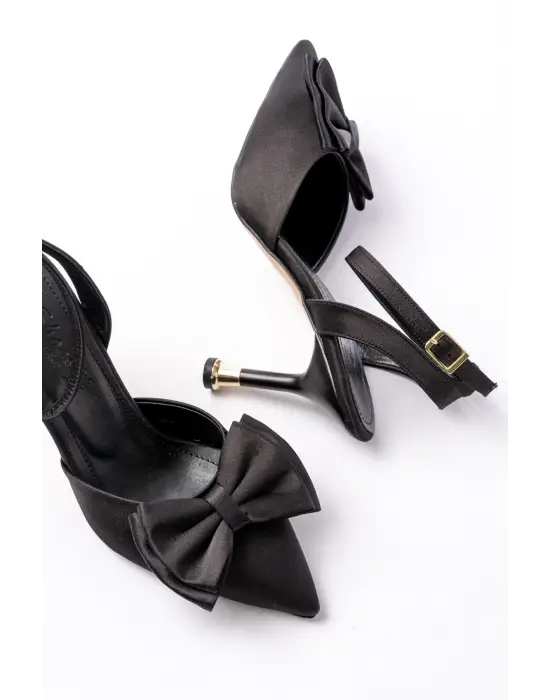 İNF-4505 Siyah Saten Günlük Arkası Açık Kurdele detaylı Topuklu Bayan Ayakkabı