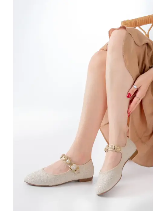 İnf-6363 Bej Havlu Desenli Baret Tokalı Günlük Bayan Ayakkabı
