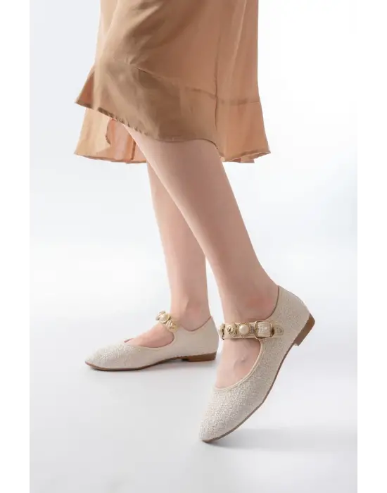 İnf-6363 Bej Havlu Desenli Baret Tokalı Günlük Bayan Ayakkabı