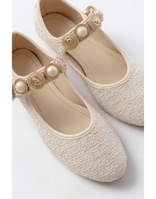 İnf-6363 Bej Havlu Desenli Baret Tokalı Günlük Bayan Ayakkabı