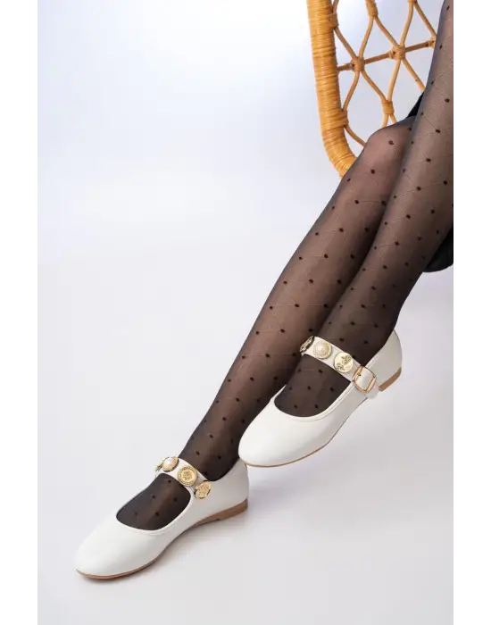 İNF-6363 Beyaz Baret Tokalı Günlük Bayan Ayakkabı