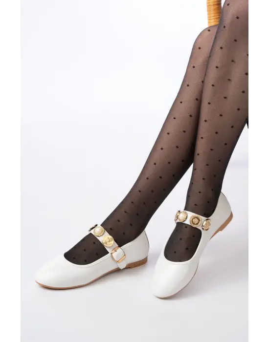 İNF-6363 Beyaz Baret Tokalı Günlük Bayan Ayakkabı