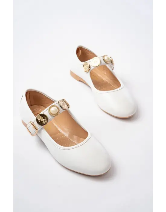 İNF-6363 Beyaz Baret Tokalı Günlük Bayan Ayakkabı
