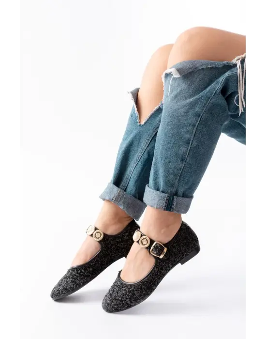 İnf-6363 Siyah Havlu Desenli Baret Tokalı Günlük Bayan Ayakkabı