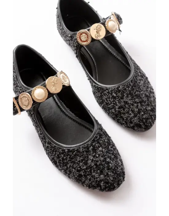 İnf-6363 Siyah Havlu Desenli Baret Tokalı Günlük Bayan Ayakkabı