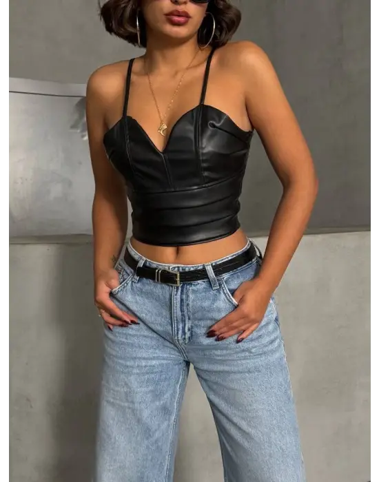 İp Askılı Yandan Fermuarlı Rastale Deri Crop Siyah S24113