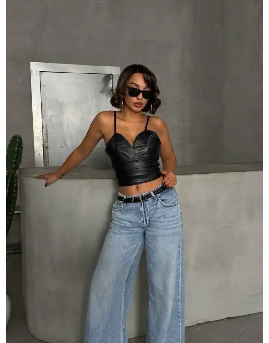 İp Askılı Yandan Fermuarlı Rastale Deri Crop Siyah S24113