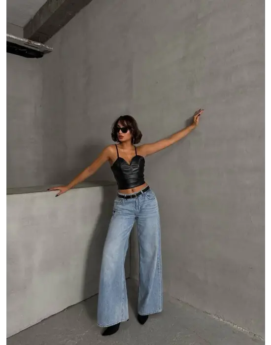 İp Askılı Yandan Fermuarlı Rastale Deri Crop Siyah S24113