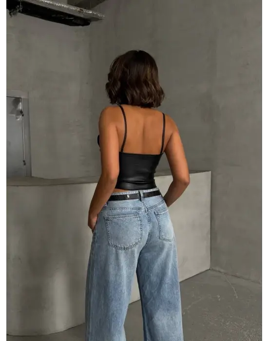 İp Askılı Yandan Fermuarlı Rastale Deri Crop Siyah S24113