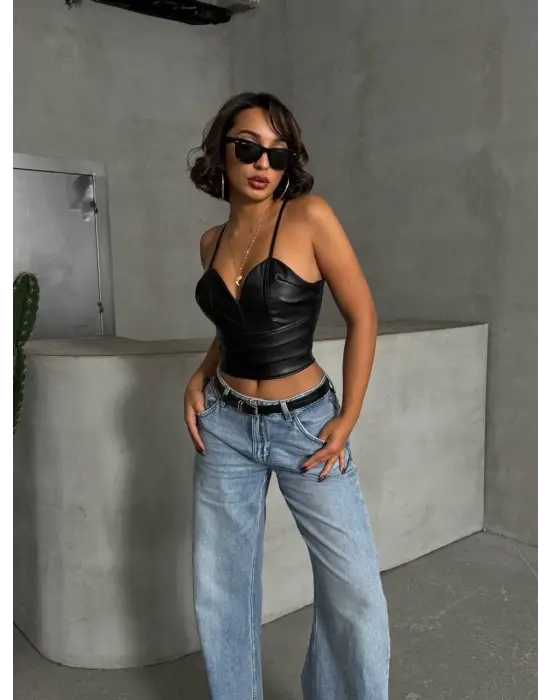 İp Askılı Yandan Fermuarlı Rastale Deri Crop Siyah S24113