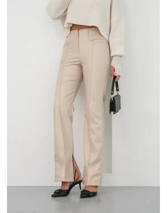 İspanyol Yırtmaçlı Paça Deri Pantolon Bej Hn