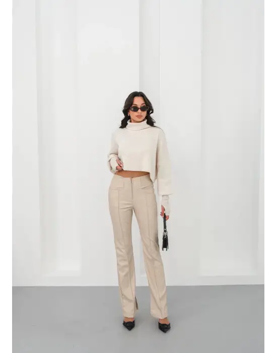 İspanyol Yırtmaçlı Paça Deri Pantolon Bej Hn