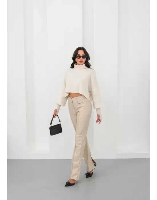 İspanyol Yırtmaçlı Paça Deri Pantolon Bej Hn