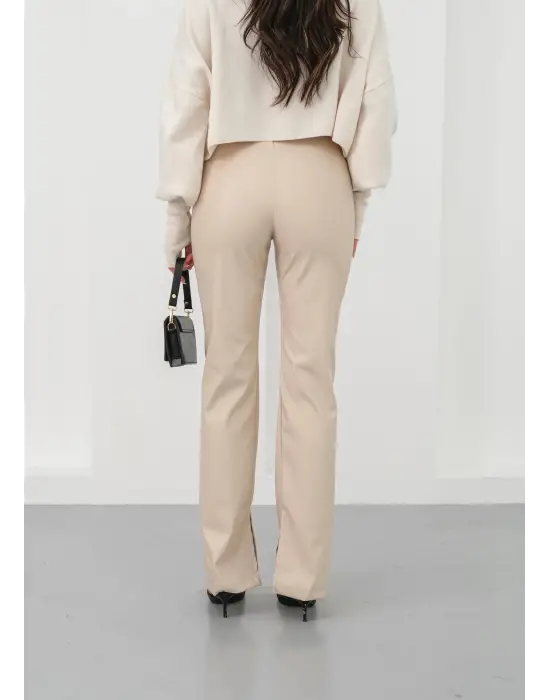 İspanyol Yırtmaçlı Paça Deri Pantolon Bej Hn