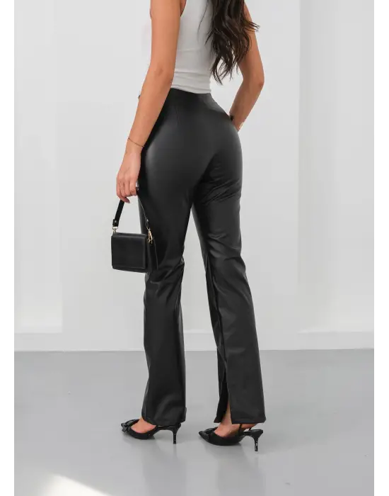 İspanyol Yırtmaçlı Paça Deri Pantolon Siyah Hn