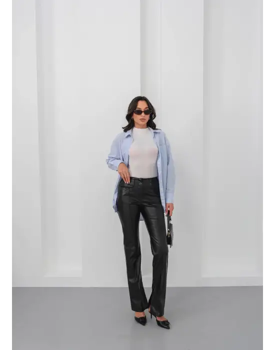 İspanyol Yırtmaçlı Paça Deri Pantolon Siyah Hn