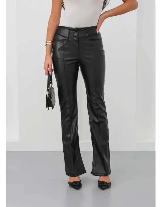 İspanyol Yırtmaçlı Paça Deri Pantolon Siyah Hn