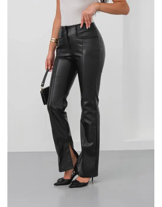 İspanyol Yırtmaçlı Paça Deri Pantolon Siyah Hn