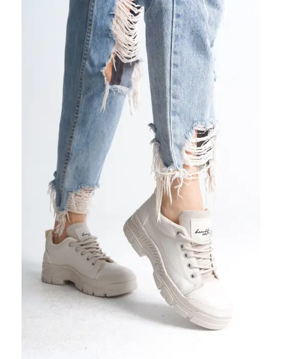 Jane Bağcıklı Ortopedik Taban Kadın Sneaker Spor Ayakkabı  Kt - Krem