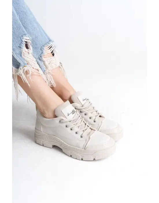Jane Bağcıklı Ortopedik Taban Kadın Sneaker Spor Ayakkabı  Kt - Krem