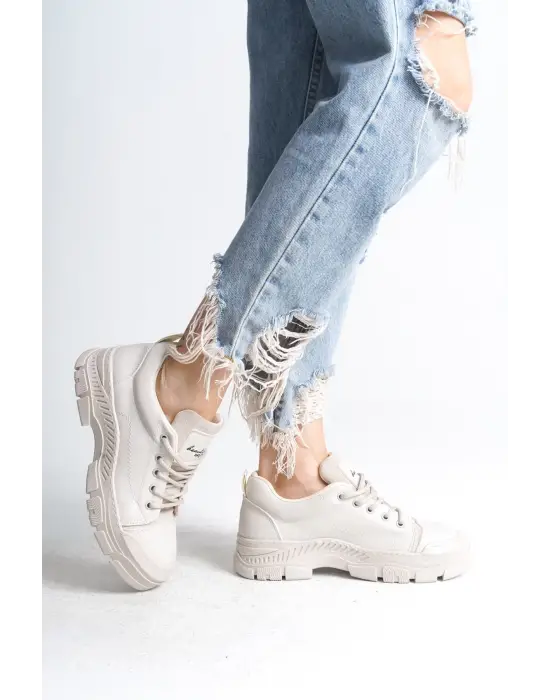 Jane Bağcıklı Ortopedik Taban Kadın Sneaker Spor Ayakkabı  Kt - Krem