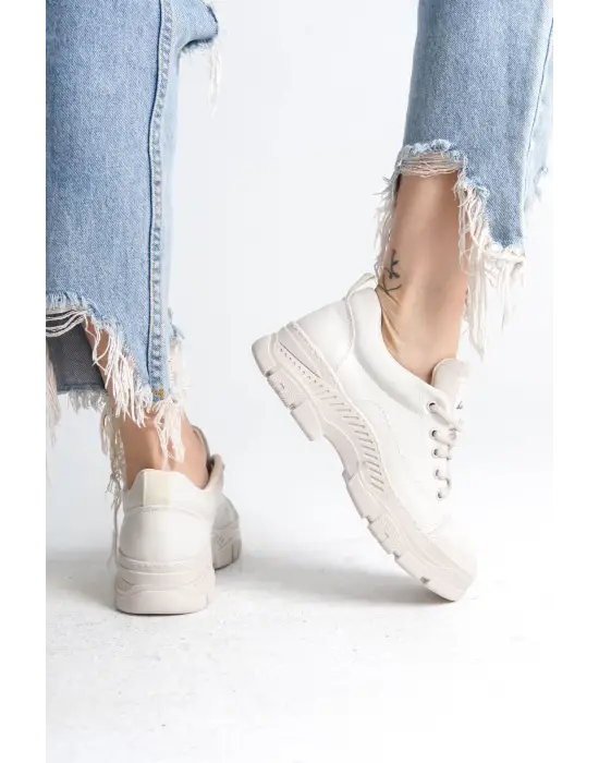 Jane Bağcıklı Ortopedik Taban Kadın Sneaker Spor Ayakkabı  Kt - Krem