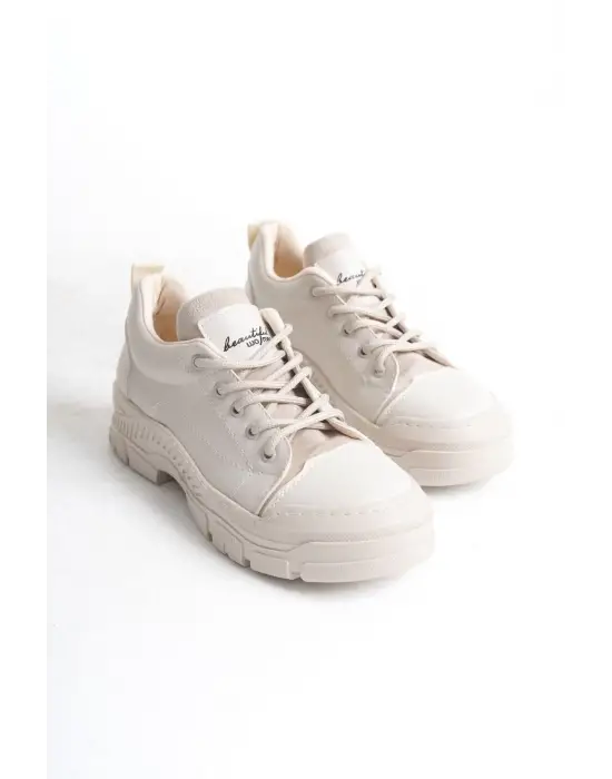 Jane Bağcıklı Ortopedik Taban Kadın Sneaker Spor Ayakkabı  Kt - Krem