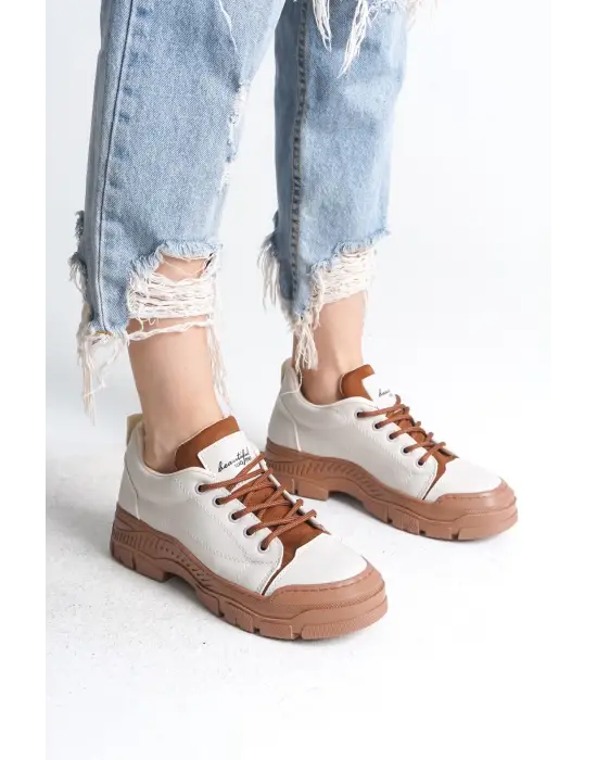 Jane Bağcıklı Ortopedik Taban Kadın Sneaker Spor Ayakkabı  Tt - Krem