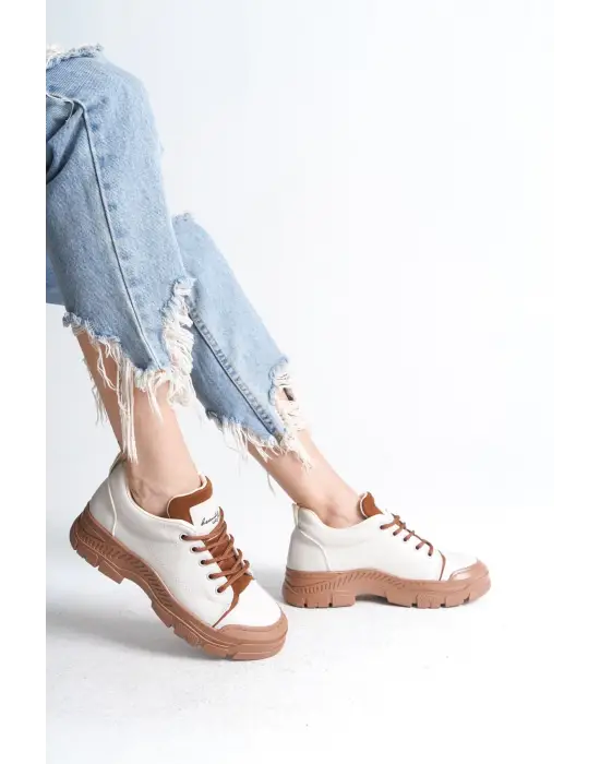 Jane Bağcıklı Ortopedik Taban Kadın Sneaker Spor Ayakkabı  Tt - Krem