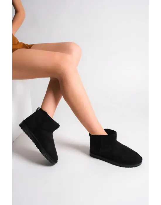 Jolıe Bağcıksız Düz Taban İçi Kürklü Kısa Süet Kadın Bot St - Siyah