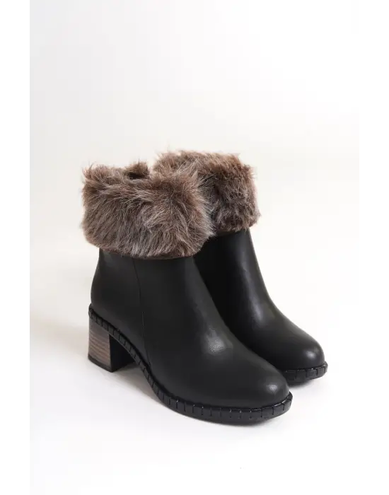 Julıa Fermuarlı Ortopedik Taban Tüylü Topuklu Kadın Bot St - Siyah